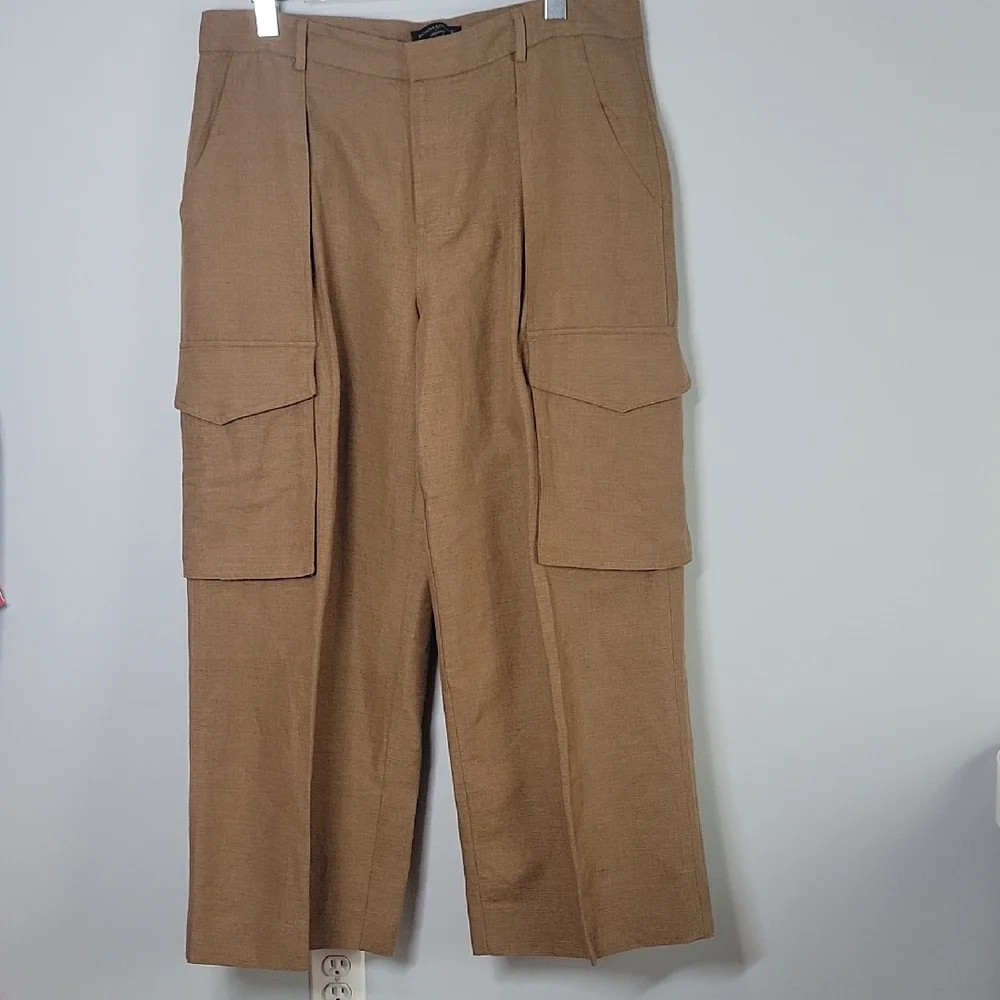 Banana Republic brown linen blend cargo trouser wide leg pants size 14